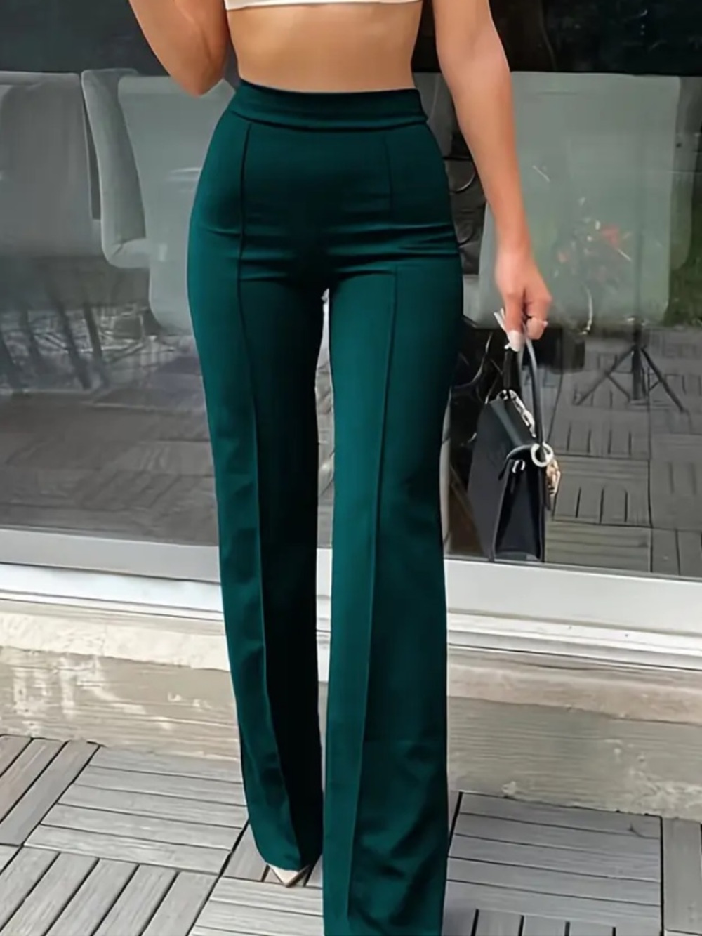 Emerald Green High Waisted Flare Pants | Minimalist Chic | Stretch Slim Trousers